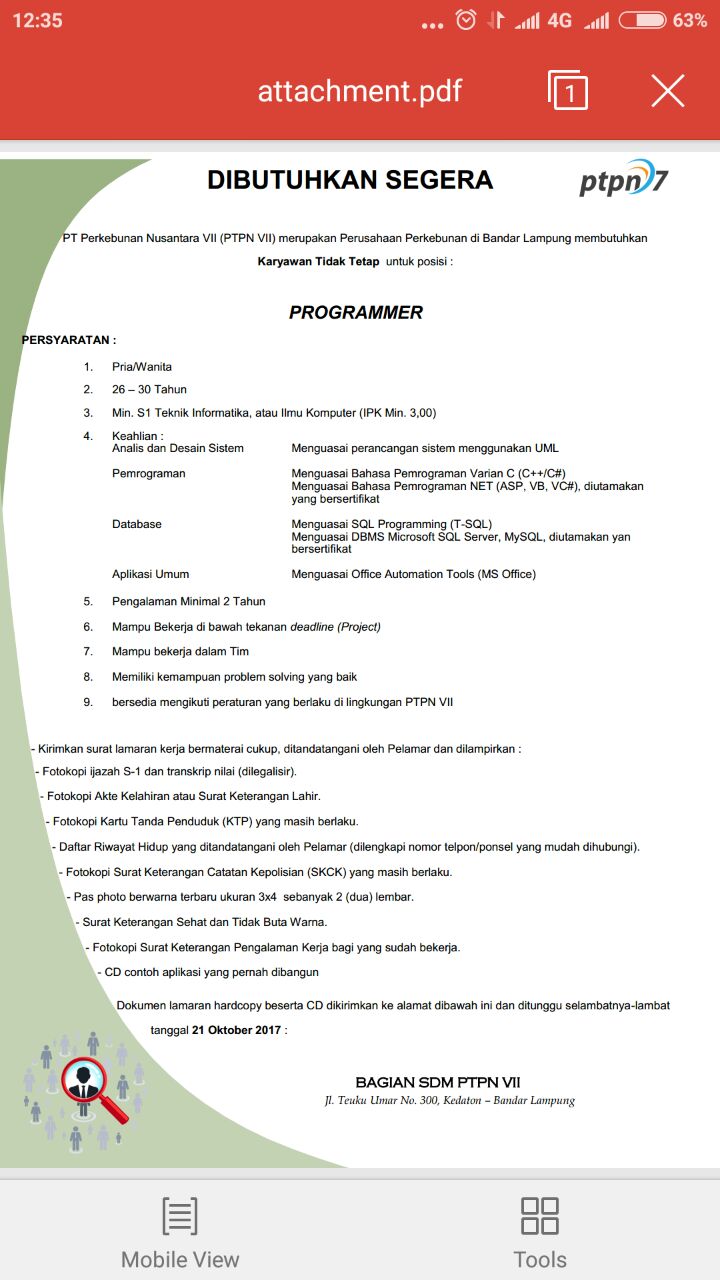 Lowongan Kerja Programer PT. Perkebunan Nusantara VII (PTPN VII) – IKA UM