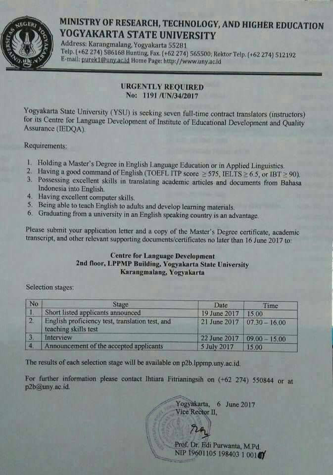 Urgently Required di Univ. Negeri Yogyakarta
