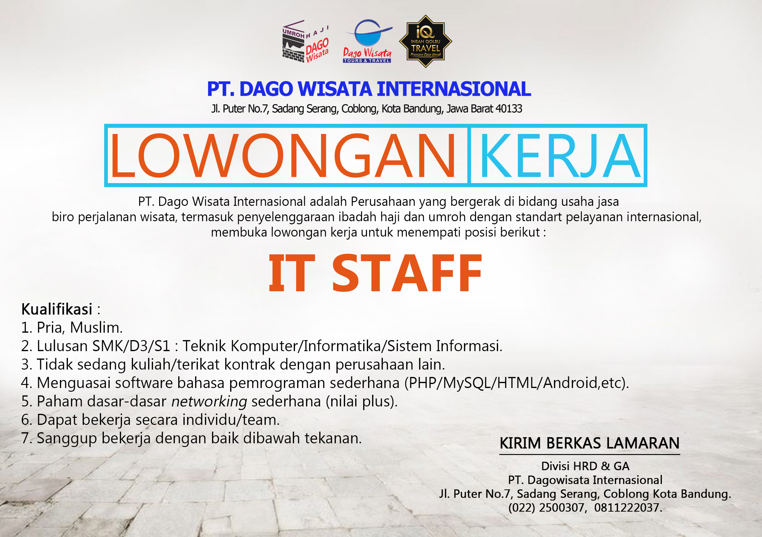 Lowongan Kerja IT Staff PT. DAGO WISATA INTERNASIONAL